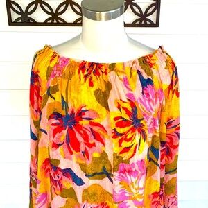 Women’s NWT Terra & Sky Pink and Yellow Boho Ruffled shoulder Blouse size 4XL